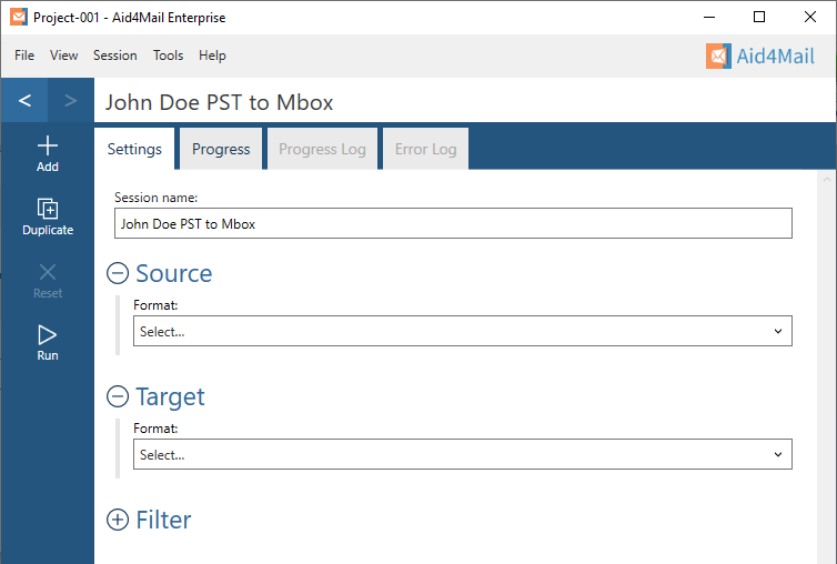 Aid4Mail settings showing the session name set to "John Doe PST to Mbox". The Source and Target sections are expanded but not set. The Filter section is not